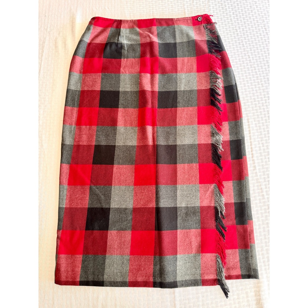 Requirements Vintage Plaid Fringe Wrap Skirt Red Grey Black Buffalo Check Sz 16